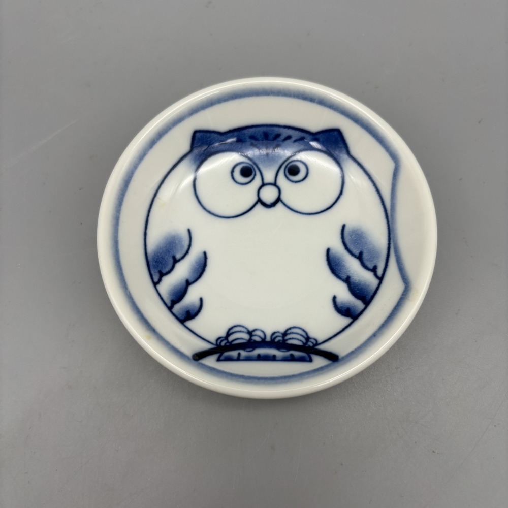 Sushi Soy Sauce Dishes 3.5"D Porcelain Blue Owl Made in Japan Trinket Dish